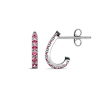 Round Pink Tourmaline 0.31 ctw with U Cut Pave Setting Women Half Hoop Huggie Earrings 14K Gold