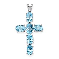 925 Sterling Silver Polished Prong set Open back Fancy cut out back Rhodium Plated Light Swiss Blue Topaz Religious Faith Cross Pendant Necklace Measures 34x19mm Wide Jewelry for Women