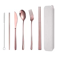 Devico Portable Utensils, Travel Camping Cutlery Set, 8-Piece Including Knife Fork Spoon Chopsticks Cleaning Brush Straws Portable Case, Stainless