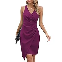 oten Women's Sleeveless V Neck Asymmetrical Bodycon Faux Wrap Cocktail Party Dresses Ruched Wedding Guest Formal Short Dress