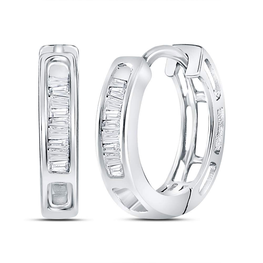 The Diamond Deal 10kt White Gold Womens Baguette Diamond Huggie Hoop Earrings 1/6 Cttw