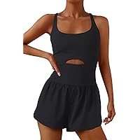 Womens Workout Athletic Romper One Piece Exercise Jumpsuit Shorts Gym Clothes Outfits With Back Zipper Pocket