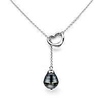 Sterling Silver Open Heart Shape Tahitian Cultured Pearl Chain Pendant Necklace (9-11mm )