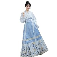 Ming Skirt Women Chinese Style Blue Pleats + White Top Elegant Hanfu Fairy Cosplay