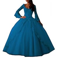 Women's V Neck Beaded Ball Gown Quinceanera Dresses Long Sleeves Lace Appliques Prom Ball Gowns