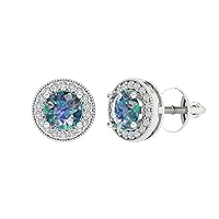 3.60 ct Round Cut Halo Solitaire Genuine Blue Moissanite Ideal Pair of Solitaire Stud Screw Back Earrings 18K White Gold