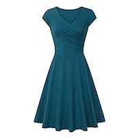 Women Ruched Wrap V Neck Cap Sleeve Vintage 1950s Cocktail Dresses Solid A-Line Swing Dress Plus Size Tea Party Dress