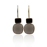 Black Onyx & Gray Chalcedony Gold Plated Handmade Jewelry | Drop Earrings Gemstone Earring | Bezel Set Hook Earrings Gift For Bridesmaid Jewelry | 1801)35
