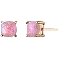 Peora 14K Rose Gold Created Pink Opal Stud Earrings for Women, Classic Solitaire, Cushion Cut 6mm, 1 Carat total, Friction Back