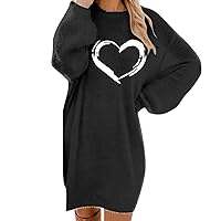 Black Christmas Friday Deals Women's Lantern Sleeve Plush Sweater Dress Loose Heart Pattern Print Dresses Trendy Fuzzy Knit Long Sleeve Dress Suéteres Hasta La Túnica