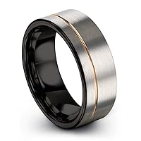 Tungsten Wedding Band Ring 8mm for Men Women 18k Rose Yellow Gold Plated Flat Cut Off Set Line Black Grey Brushed Polished