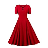 Wellwits Women's Puff Sleeve Keyhole Front 1940s Cocktail Formal Vintage Dress