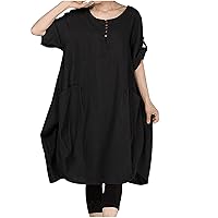 Summer Women Cotton Linen Oversized Dresses with Pockets Cuffed Short Sleeves Crew Neck Trendy Knee Length Dress