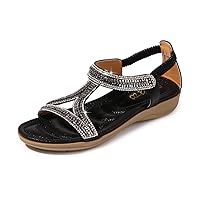 HNGHOU Sandals for Women Flats Shoes with Bohemian Rhinestone Comfortable Womens Beach Sandal Elastic Ankle Strap Slip On Summer Sandal