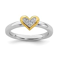 925 Sterling Silver Polished Prong set Stackable Expressions Love Heart With Dia. and Gold Plated Ring Jewelry for Women - Ring Size Options: 10 5 6 7 8 9