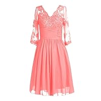 Lorderqueen Women's V Neck Lace Short Mother of The Bride Dress with 3/4 Sleeves