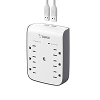 6-Outlet Wall Surge Protector w/ 2 USB-A Port for Home, Office, Travel, Computer Desktop, Laptop, Phone Charger, & More - 900 Joules of Protection