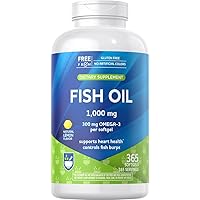 Fish Oil 1000mg, 365 Softgels - Natural Lemon Flavor, with EPA and DHA, Supports Heart, Brain and Vision Health