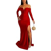 Womens Sexy Off The Shoulder Bodycon Maxi Dress Elegant High Split Ruched Wrap Wedding Guest Formal Party Dresses
