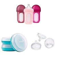 Boon Nursh Silicone Baby Bottles Bundle - Air-Free Feeding System - Includes Bottles, Replacement Nipples, and Storage Buns