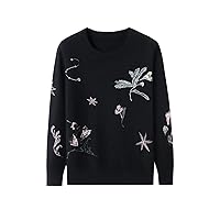 Cashmere Sweater Women's Embroidered Long Sleeve Ribbed Crewneck Autumn Winter Thicken Knit Tops 033