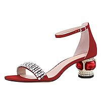 FSJ Women Sparkly Open Toe Rhinestone Low Block Heel Sandals Crystal Strap Studded Strappy Formal Dress Prom Party Pump Shoes Size 4-16 US