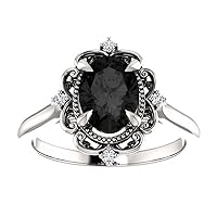 Vintage Black Oval Engagement Ring, Victorian 1 CT Oval Black Diamond Ring, Filigree Oval Black Onyx Ring, 10K Solid White Gold Ring, Perfact for Gift