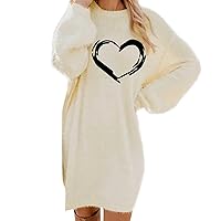 Plus Size Fall Sweaters Women's Lantern Sleeve Plush Sweater Dress Loose Heart Pattern Print Dresses Trendy Fuzzy Knit Long Sleeve Dress Ropa De Otoño E Invierno