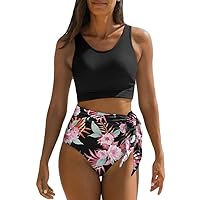 Dokotoo Womens Scoop Neck Racerback High Waisted Bikini Sets Two Piece Swimsuit Floral Print Tummy Control Bathing Suit