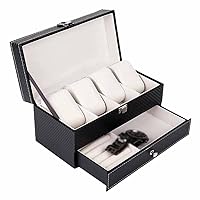 4 Grids Double Layers Watch Box Case Carbon Fiber PU Watch Jewelry Rings Earrings Display Storage Holder Organizer