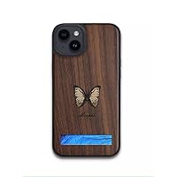 ONNAT-Insect Art Series Case for iPhone 14 Pro Max/14 Pro/14 Plus/14 - Real Insect Specimen(Morpho Menelaus Butterfly) Support Magnetic Wireless Charging Genuine Black Walnut Wood (iPhone 14 Pro)