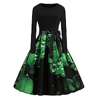 St. Patrick's Day Retro Women Dresses,Crewneck Long-Sleeved Stitching Contrast Color Clover Print Swing Dresses.