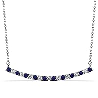 Round Blue Sapphire & Diamond 5/8 ctw Women Curved Bar Pendant Necklace 16 Inches 14K Gold Chain