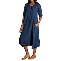 Women's Short Sleeve Casual Cotton Linen Long Dress Crewneck Solid Button Maxi Dress Summer Beach Dress