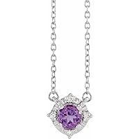 14ct White Gold Round Natural Amethyst 4.5mm 0.04 Weight Carat Diamond I2 H+ Polished and .04 Neckl Jewelry for Women - 46 Centimeters