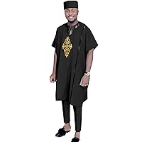African Traditional Clothing for Men Tracksuit Short Sleeve Shirts Pants and Tribal Hat 3 Piece Outfits