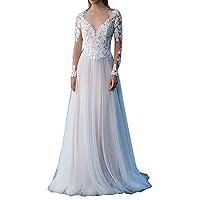 Women's V Neck Illusion Key-Hole Lace Bridal Ball Gowns Train Wedding Dresses for Bride Long Sleeve