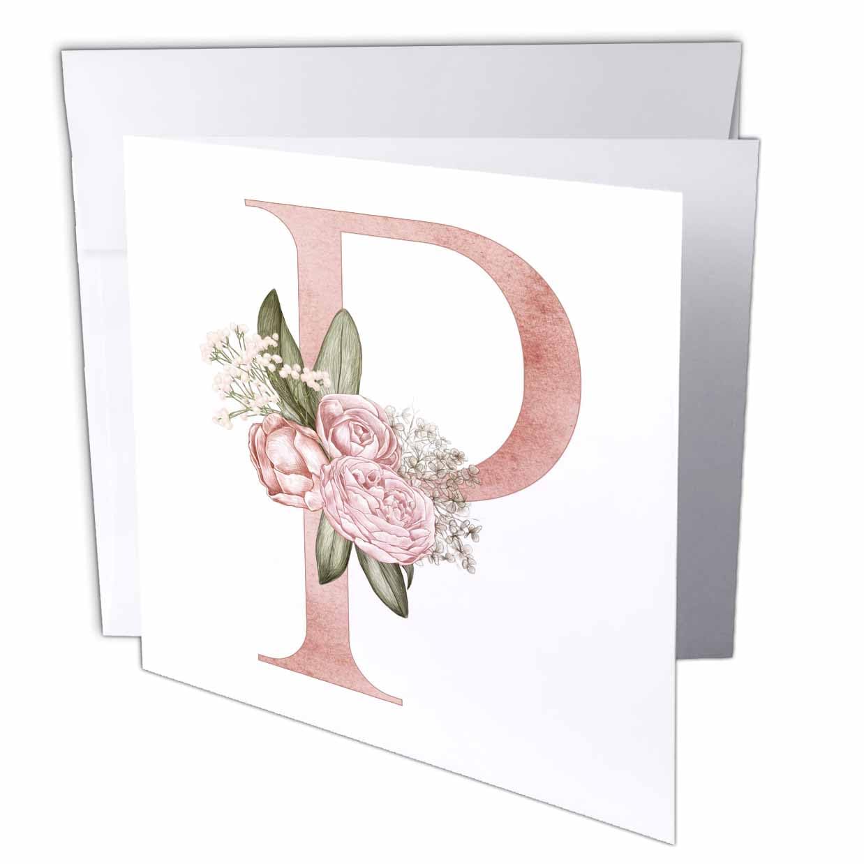 3dRose Pretty Pink Floral and Babies Breath Monogram Initial P - Greeting Cards (gc-377529-5)