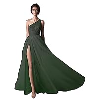 Women's One Shoulder Prom Dresses Tull with High Split Formal Evening Party Gowns A-Line Bridesmaid Dress Blackish Green