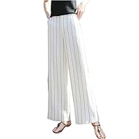 Striped Linen Casual Elastic High Waist Wide-Leg Women' Pants Korean Ankle-Length for Women Summer