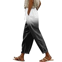 Women's Casual Cotton Linen Pants Drawstring Gradient Print Summer Loose Fit Pants with Pockets