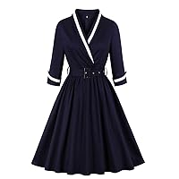 Mulanbridal Women's Deep-V Neck Classical Bow Belt Vintage Casual Swing Dress Tea Party Cocktail Gowns