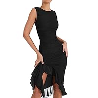 Women Sleeveless Bodycon Dress Vintage Tassel Tulle Ruffle Split Dress Summer Ruched Midi Dress for Party Club