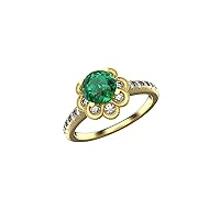 1.00 CTW Natural Zambian Emerald Ring For Women Stone Size 6.00 MM In 14k Solid Gold Flower Design Diamond Size 1.5 MM Diamond Weight 0.60 CTW