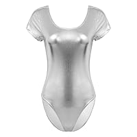 Women Shiny Patent Reflective One-Piece Gymnastics Leotard Bodysuit for Stage Performance Ballet Dancewear Silver M