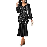 Women V-Neck Sequined Dress Evening Party Patchwork Dress Solid Slim Zipper HIGT Waist Dresses