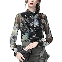 Women Turtleneck Long Sleeve Floral Chiffon Blouse Spring Summer Ruffles Tops Loose French Style Button Shirts