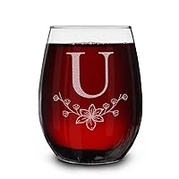 Floral Monogram Engraved Initial Letter Stemless Wine Glass 15 oz. Personalized Monogrammed Custom Gift (U)