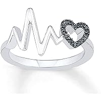 Round Cut Black D/VVS1 Diamond 14k White Gold Plated 925 Sterling Silver Heart With Heartbeat Engagement Promise Ring For Women's Girl's