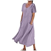 Women's Summer Cotton Linen Short Sleeve Maxi Dress Crew Neck Loose Casual Tunic Beach Long Dresses with Pockets Deal of The Day Today Purple